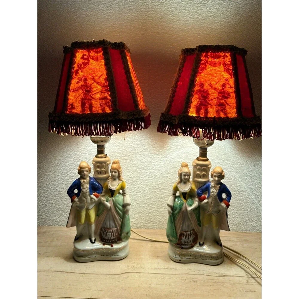 Vtg Porcelain Victorian Couple Night Stand Lamps Set Of 2 Original Shades Japan